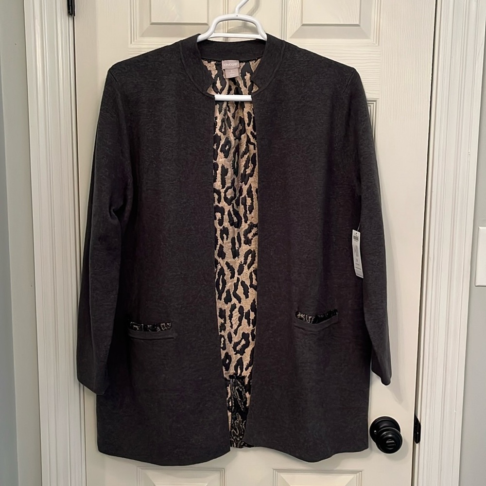 NWT Chico’s‎ Women’s Gray Woven Back Animal Print Cardigan Sweater Sz Large New